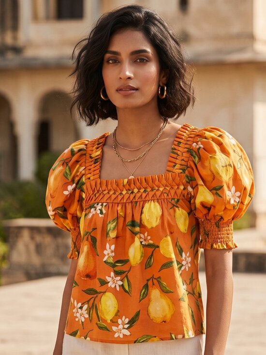 FARM Rio Tops - FARM Rio Orange Pear Lemon Fruit Print Smocked Off-Shoulder Puff Sleeve Blouse M